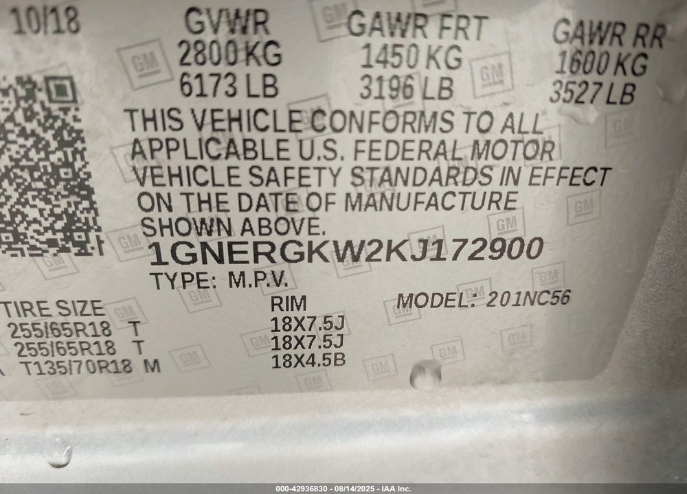 2019 CHEVROLET TRAVERSE VIN: 1GNERGKW2KJ172900