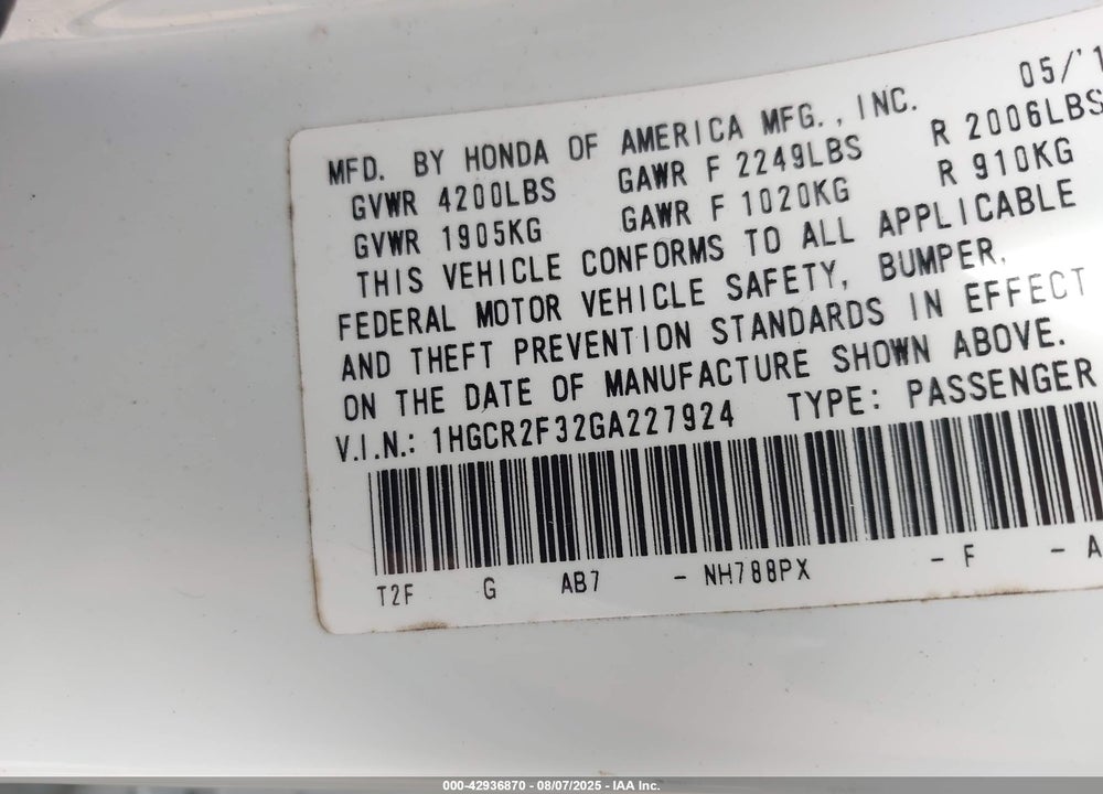 2016 HONDA ACCORD LX VIN: 1HGCR2F32GA227924