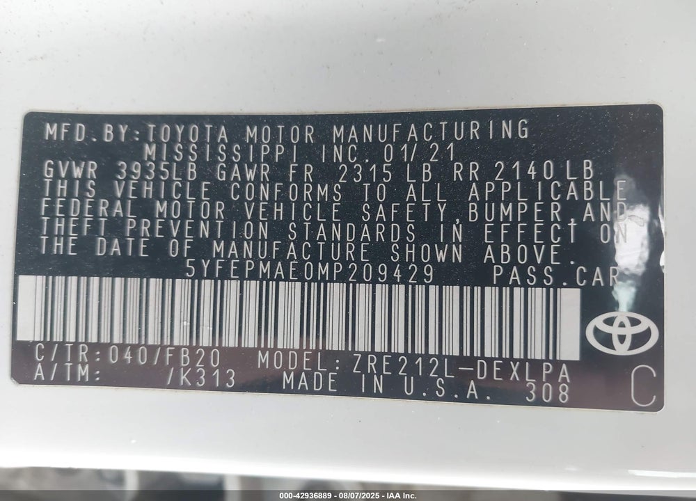 2021 TOYOTA COROLLA VIN: 5YFEPMAE0MP209429