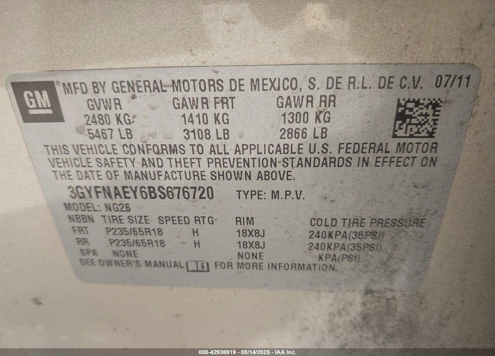 2011 CADILLAC SRX VIN: 3GYFNAEY6BS676720