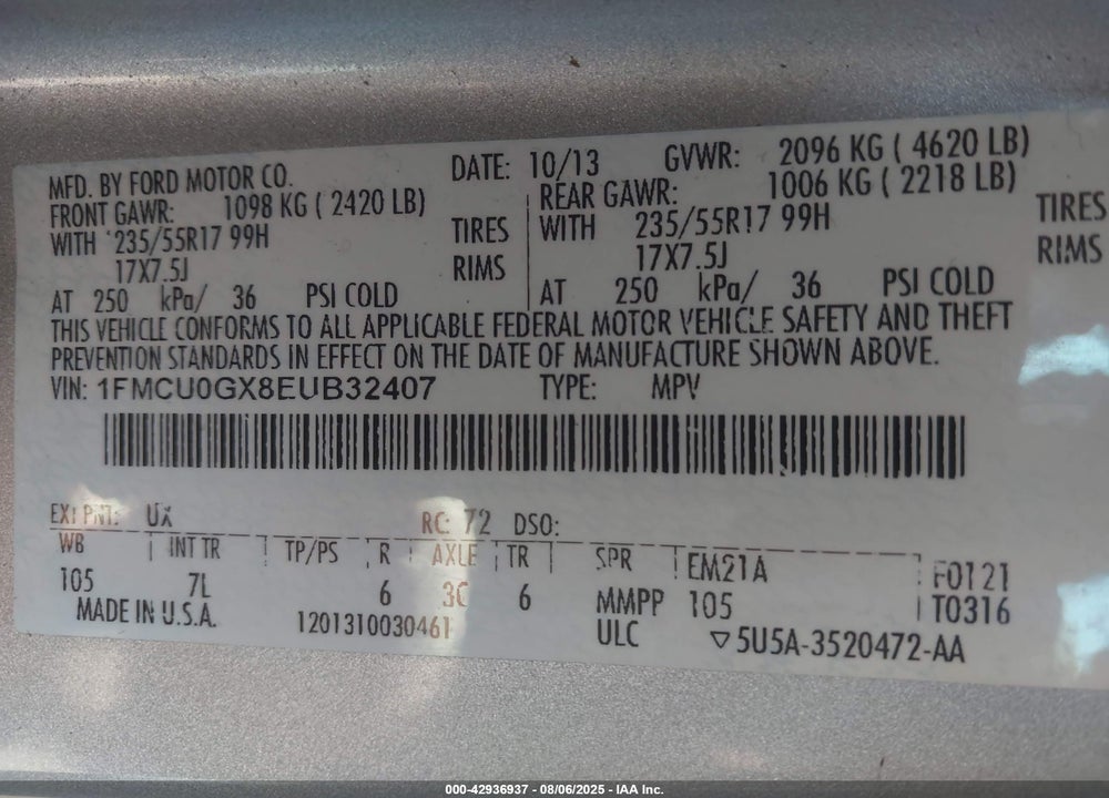 2014 FORD ESCAPE VIN: 1FMCU0GX8EUB32407