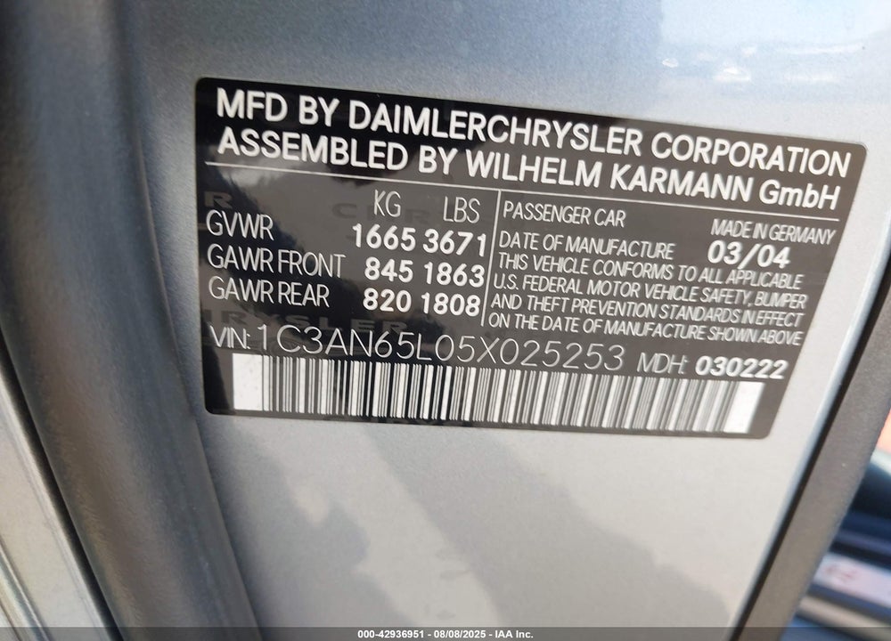2005 CHRYSLER CROSSFIRE LIMITED VIN: 1C3AN65L05X025253