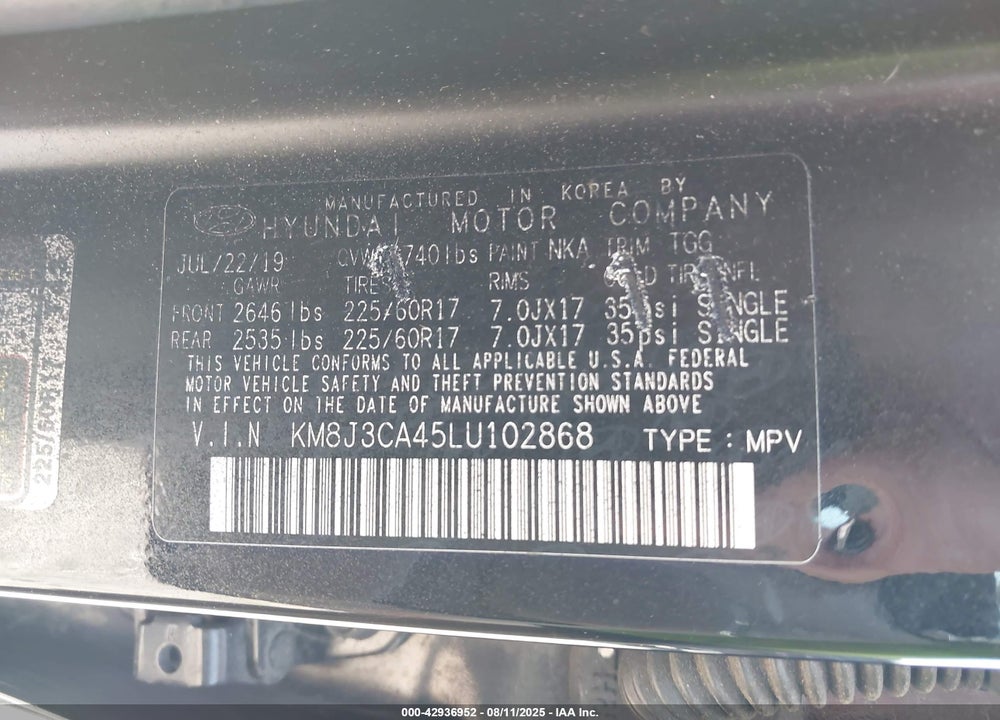 2020 HYUNDAI TUCSON VIN: KM8J3CA45LU102868
