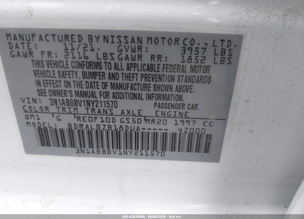 2022 NISSAN SENTRA S XTRONIC CVT VIN: 3N1AB8BV1NY211570