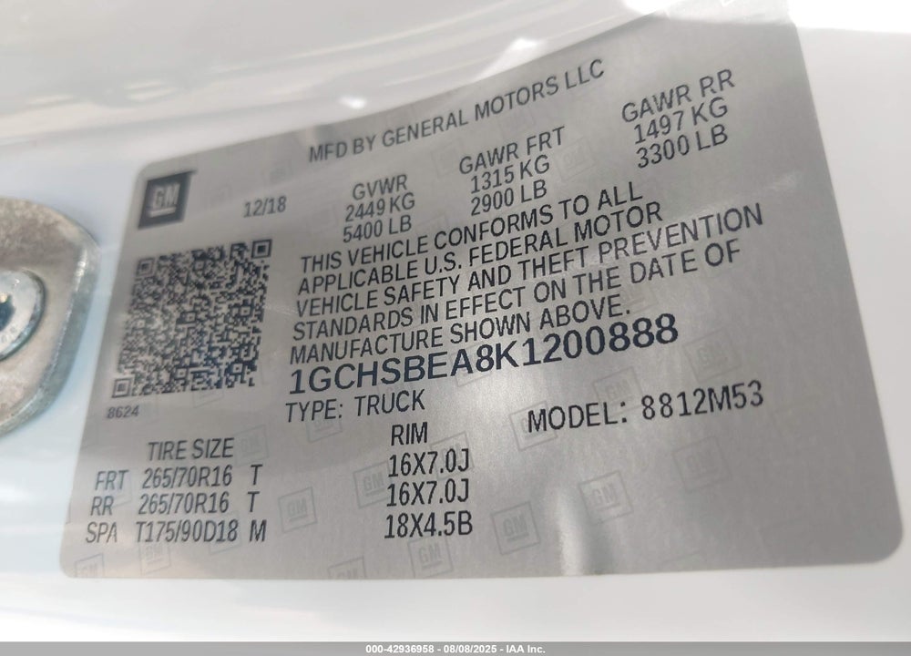 2019 CHEVROLET COLORADO VIN: 1GCHSBEA8K1200888