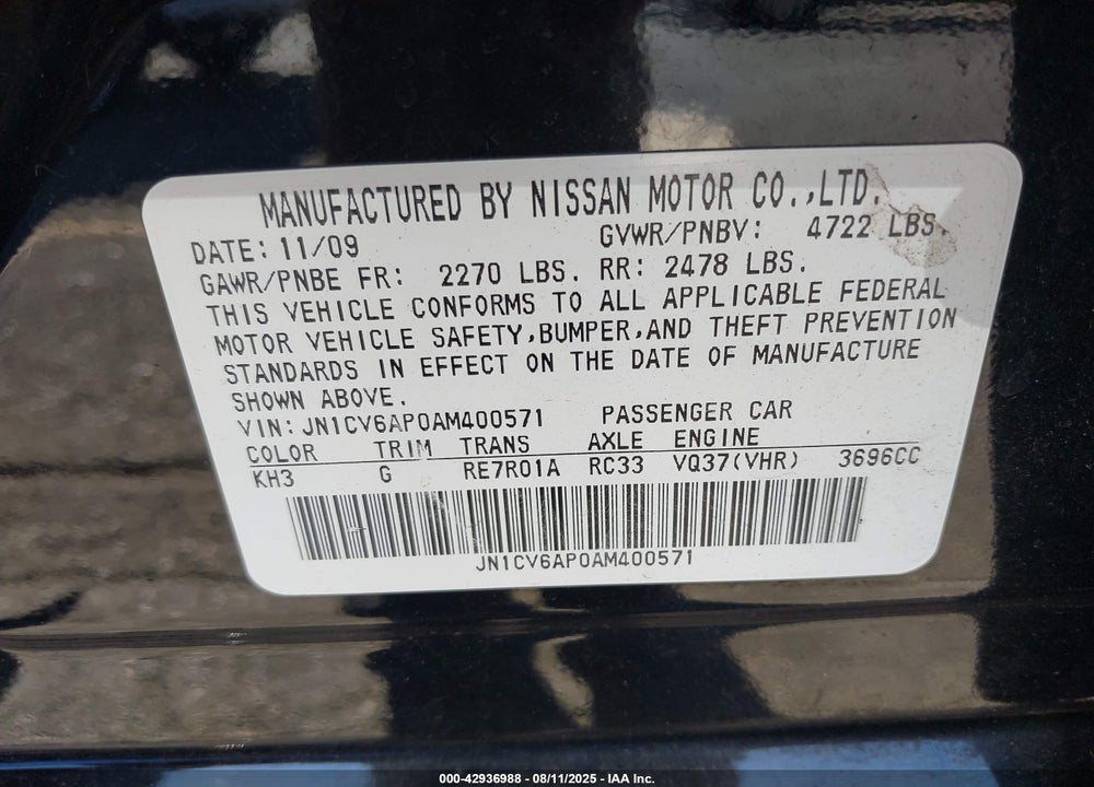 2010 INFINITI G37 JOURNEY VIN: JN1CV6AP0AM400571