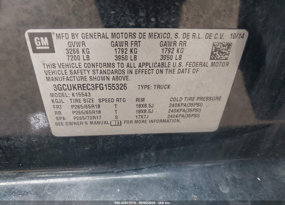 2015 CHEVROLET SILVERADO 1500 VIN: 3GCUKREC3FG155326