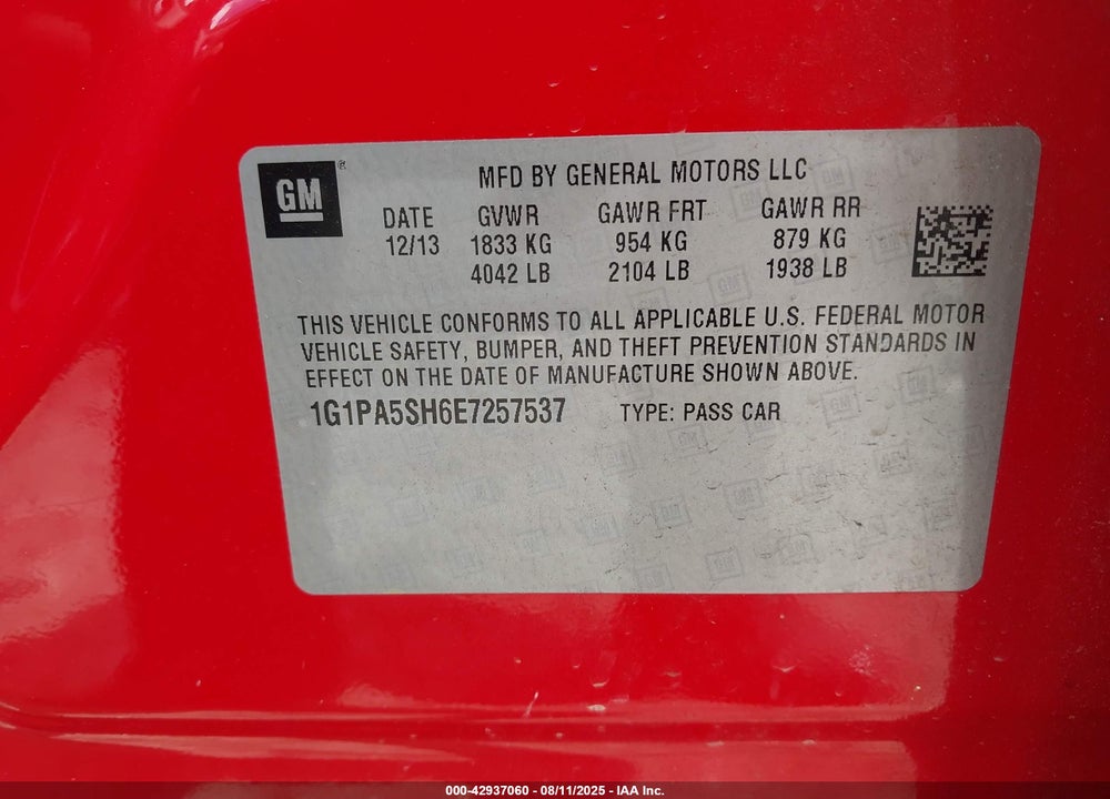 2014 CHEVROLET CRUZE VIN: 1G1PA5SH6E7257537