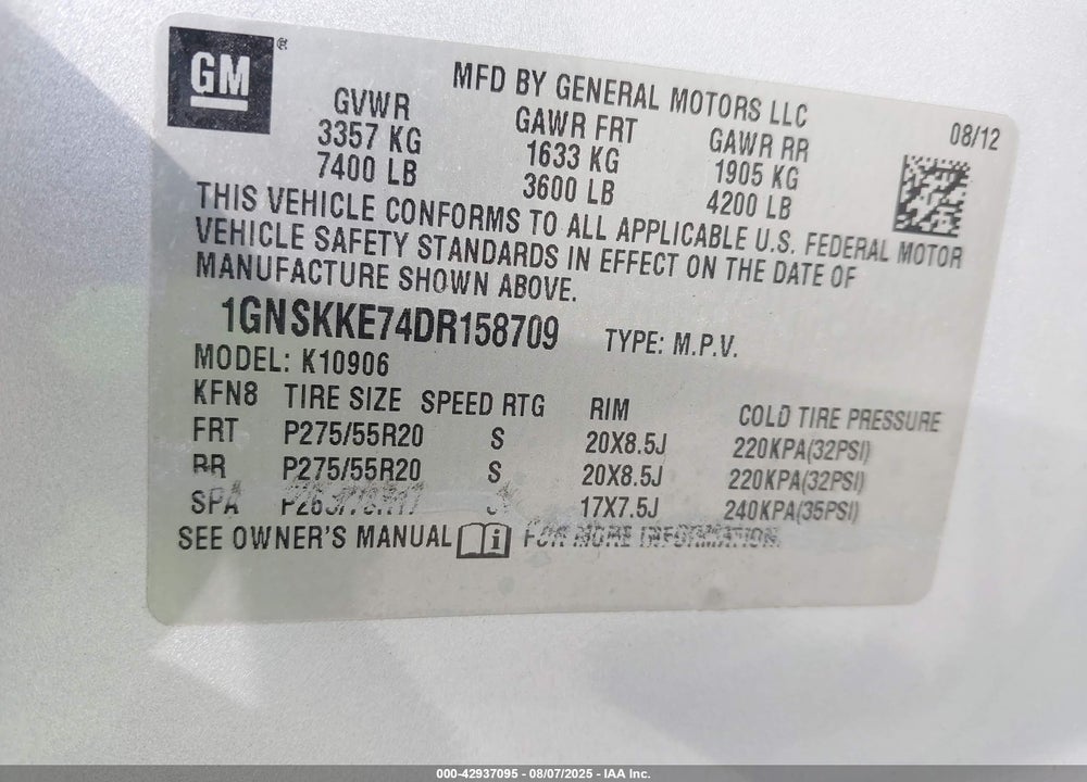 2013 CHEVROLET SUBURBAN 1500 VIN: 1GNSKKE74DR158709