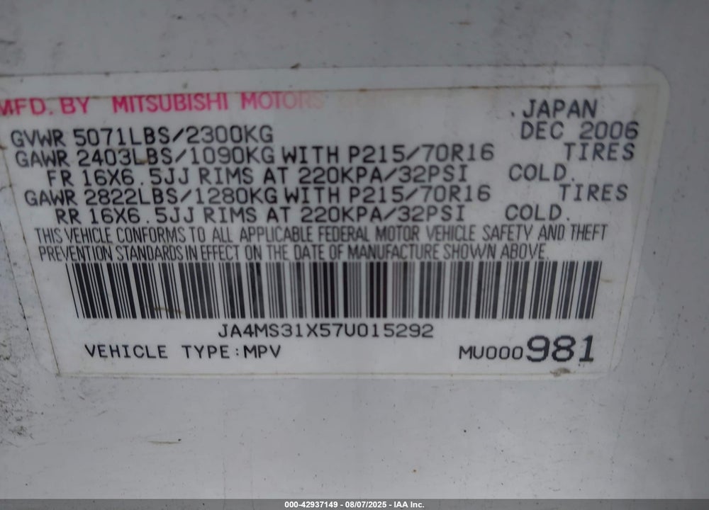 2007 MITSUBISHI OUTLANDER ES/LS VIN: JA4MS31X57U015292