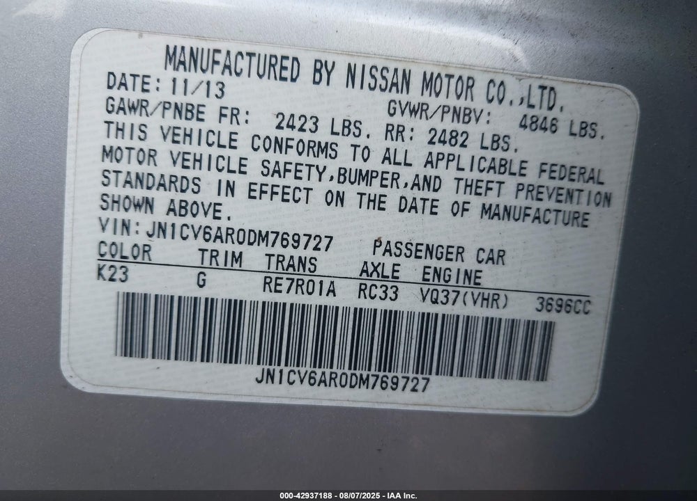2013 INFINITI G37 VIN: JN1CV6AR0DM769727