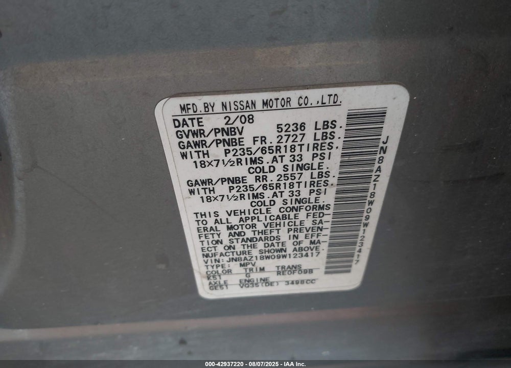 2009 NISSAN MURANO SL VIN: JN8AZ18W09W123417
