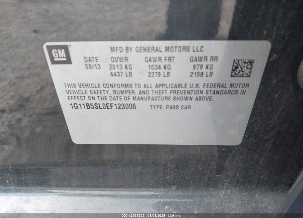2014 CHEVROLET MALIBU VIN: 1G11B5SL0EF123006
