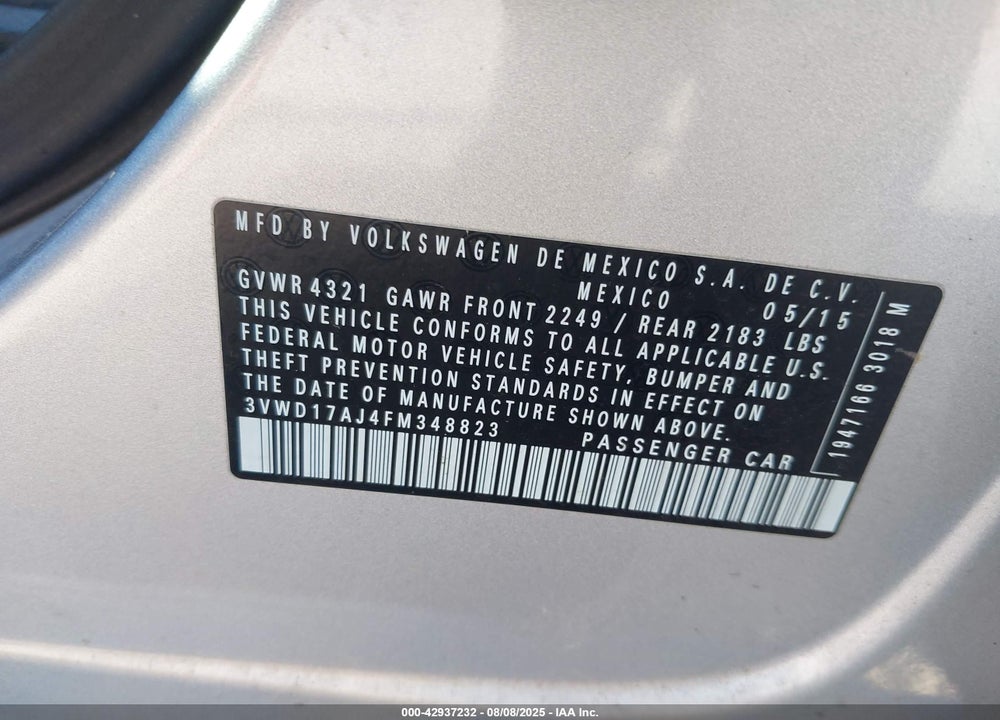 2015 VOLKSWAGEN JETTA VIN: 3VWD17AJ4FM348823