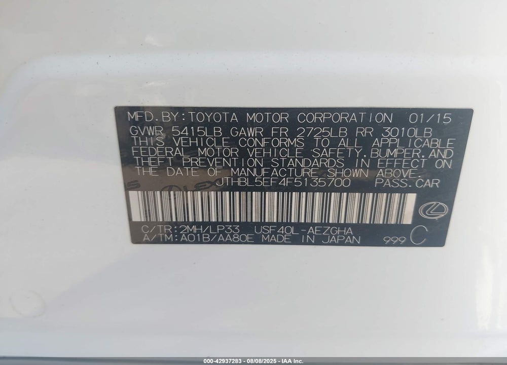 2015 LEXUS LS 460 VIN: JTHBL5EF4F5135700