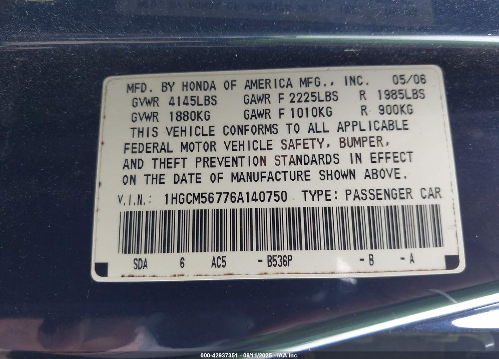 2006 HONDA ACCORD 2.4 EX VIN: 1HGCM56776A140750