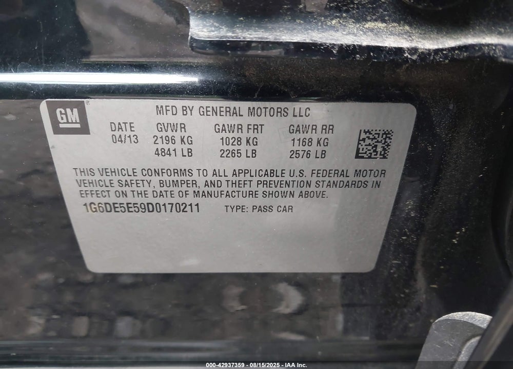2013 CADILLAC CTS VIN: 1G6DE5E59D0170211