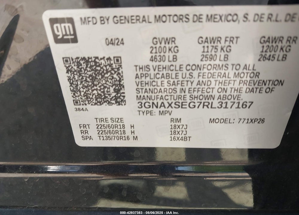 2024 CHEVROLET EQUINOX VIN: 3GNAXSEG7RL317167