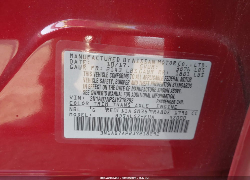 2018 NISSAN SENTRA VIN: 3N1AB7AP2JY218292