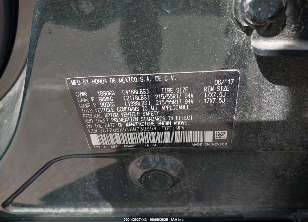 2017 HONDA HR-V VIN: 3CZRU6H51HM730954