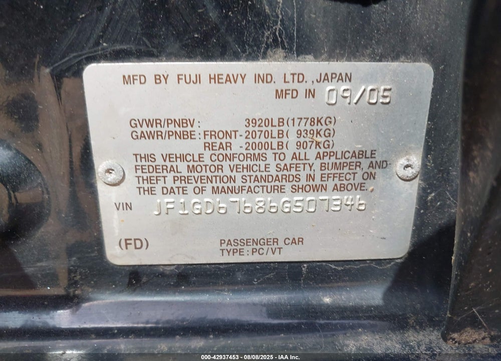2006 SUBARU IMPREZA VIN: JF1GD67686G507346