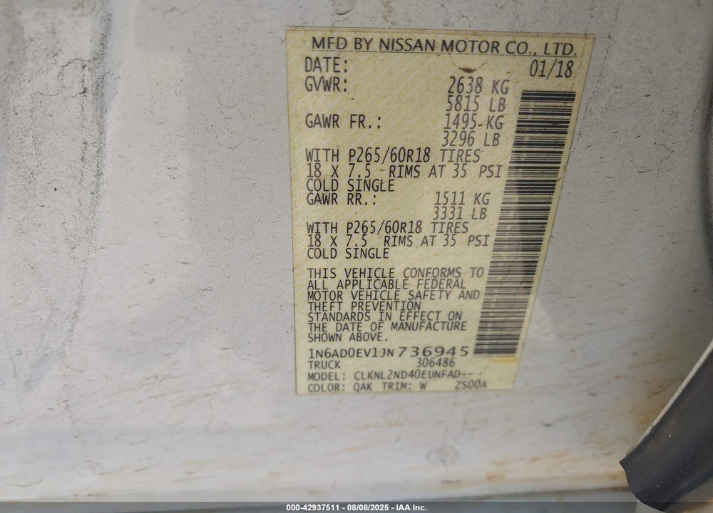 2018 NISSAN FRONTIER VIN: 1N6AD0EV1JN736945