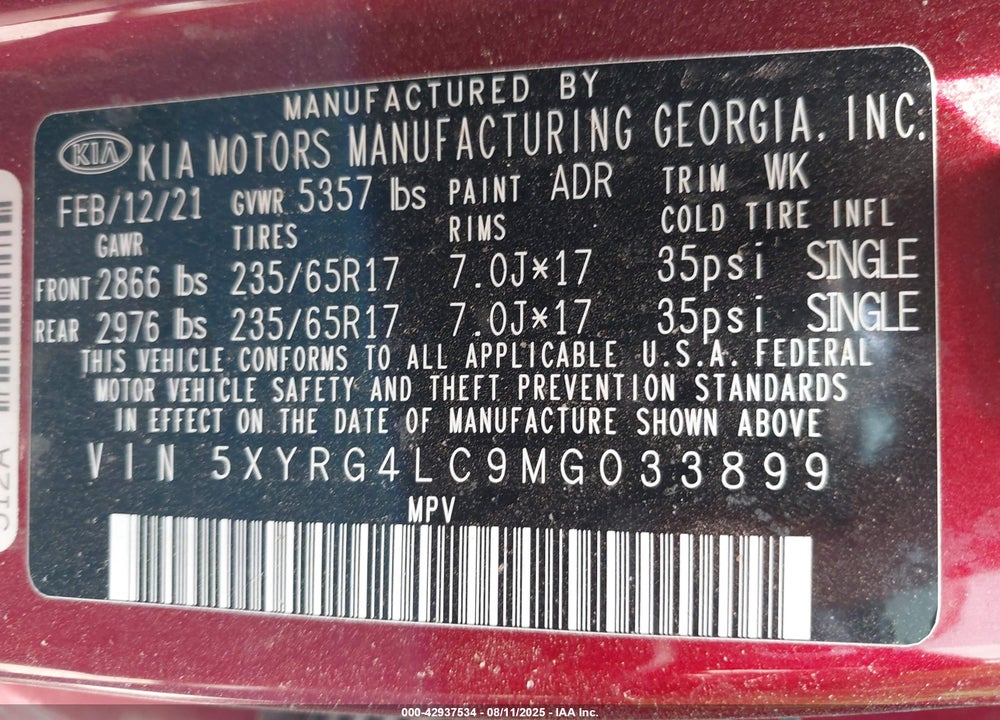 2021 KIA SORENTO VIN: 5XYRG4LC9MG033899