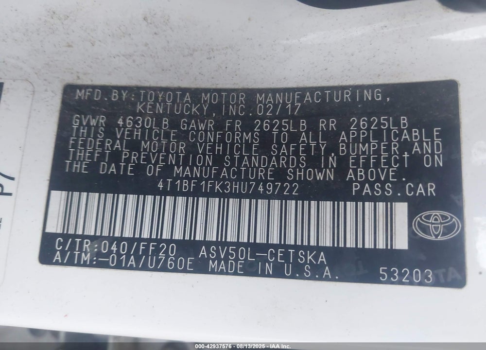 2017 TOYOTA CAMRY VIN: 4T1BF1FK3HU749722