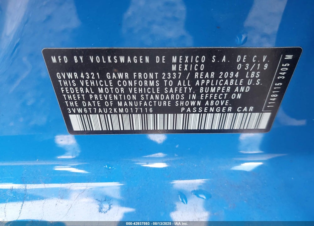 2019 VOLKSWAGEN GOLF VIN: 3VW6T7AU2KM017116