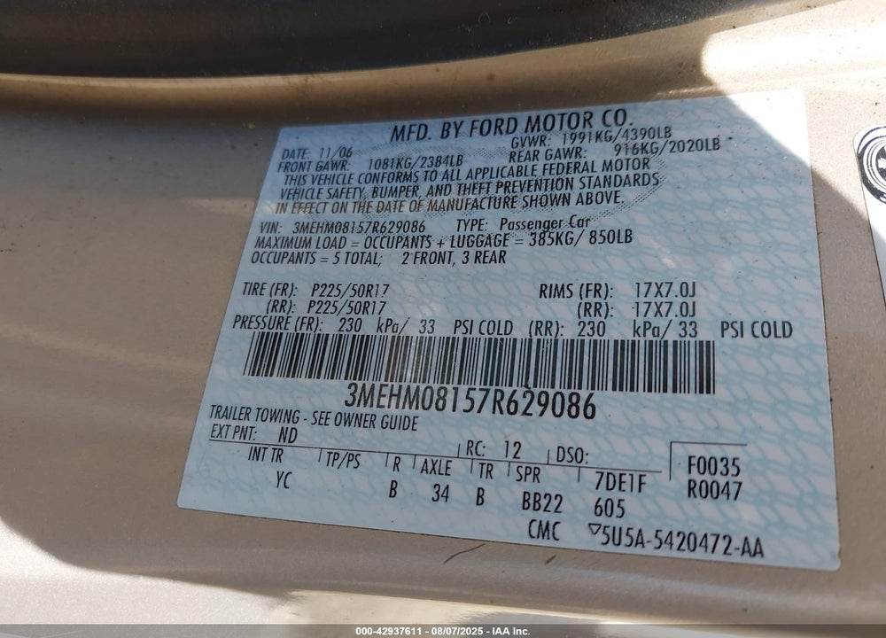 2007 MERCURY MILAN VIN: 3MEHM08157R629086