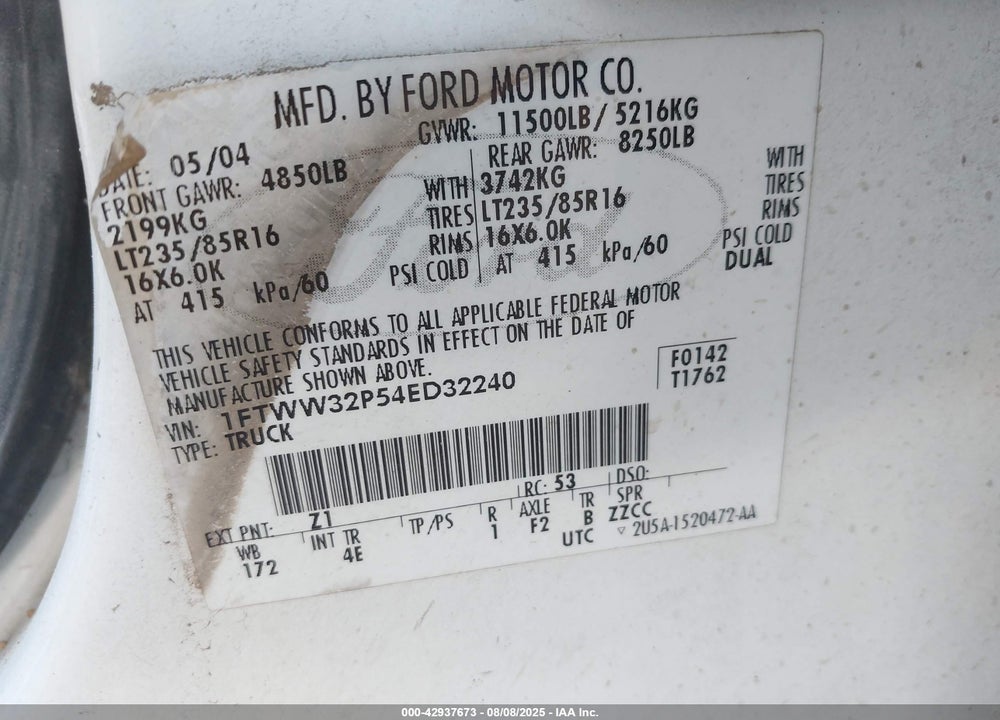 2004 FORD F 350 VIN: 1FTWW32P54ED32240