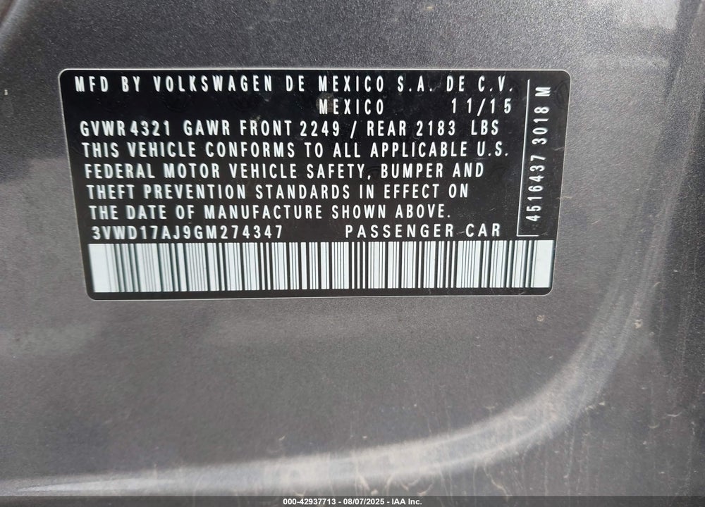 2016 VOLKSWAGEN JETTA VIN: 3VWD17AJ9GM274347