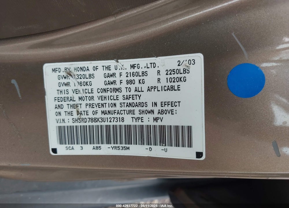 2003 HONDA CR-V EX VIN: SHSRD788X3U127318
