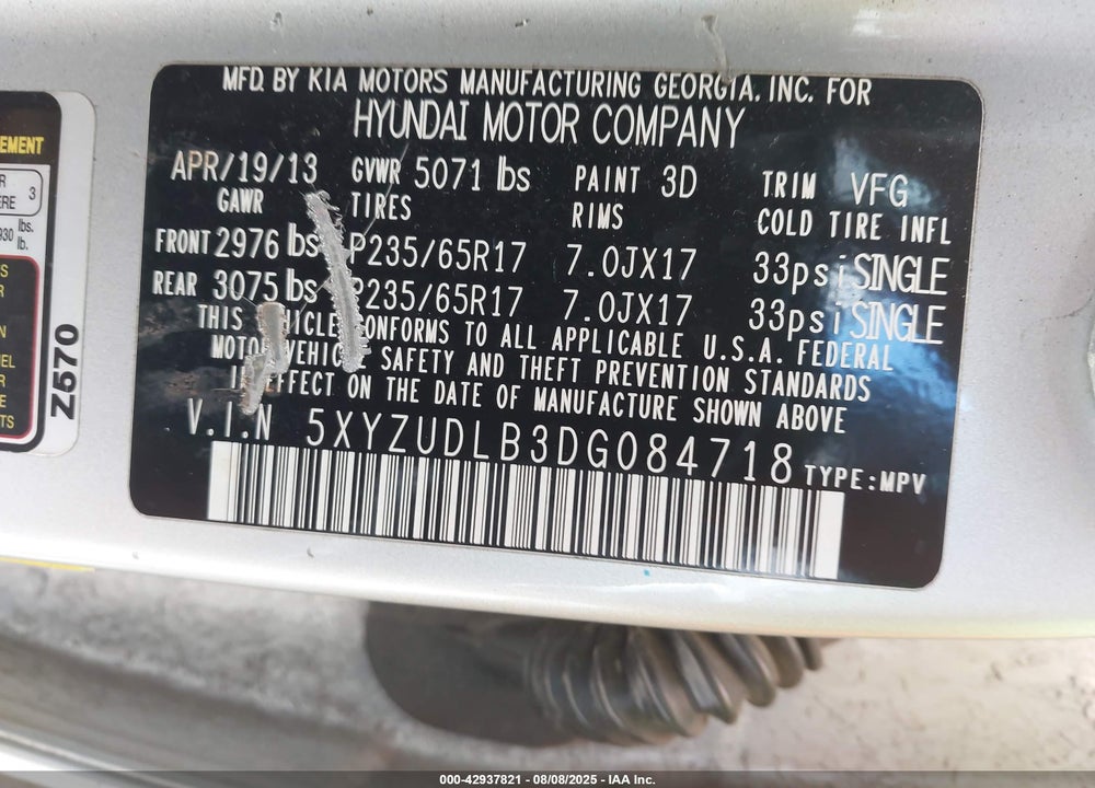 2013 HYUNDAI SANTA FE VIN: 5XYZUDLB3DG084718