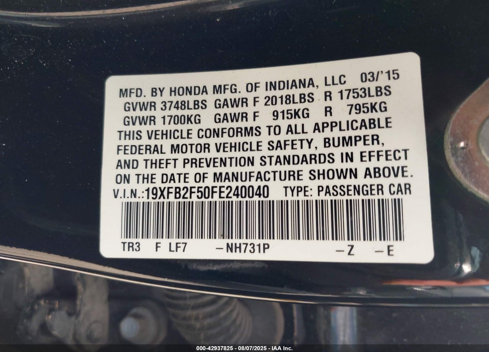 2015 HONDA CIVIC VIN: 19XFB2F50FE240040