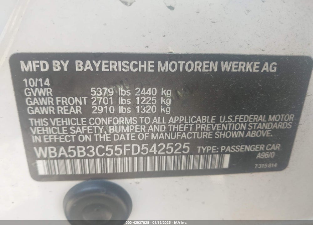 2015 BMW 5 SERIES VIN: WBA5B3C55FD542525