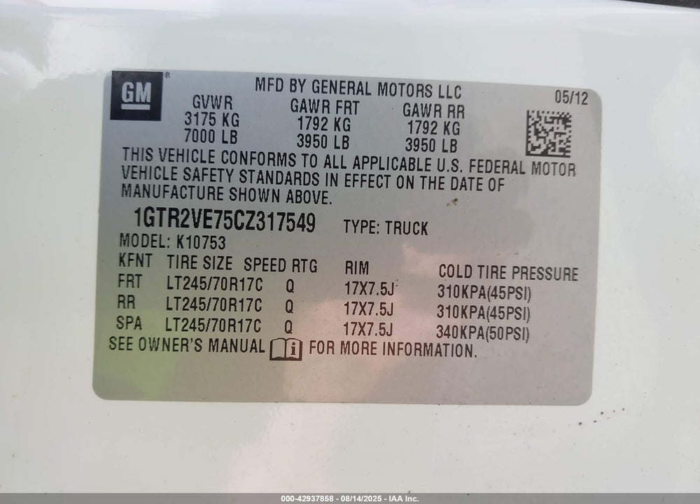 2012 GMC SIERRA 1500 VIN: 1GTR2VE75CZ317549