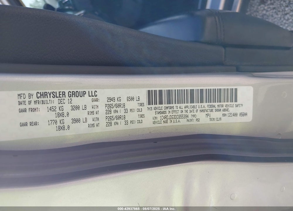 2013 DODGE DURANGO VIN: 1C4RDJDG3DC655394