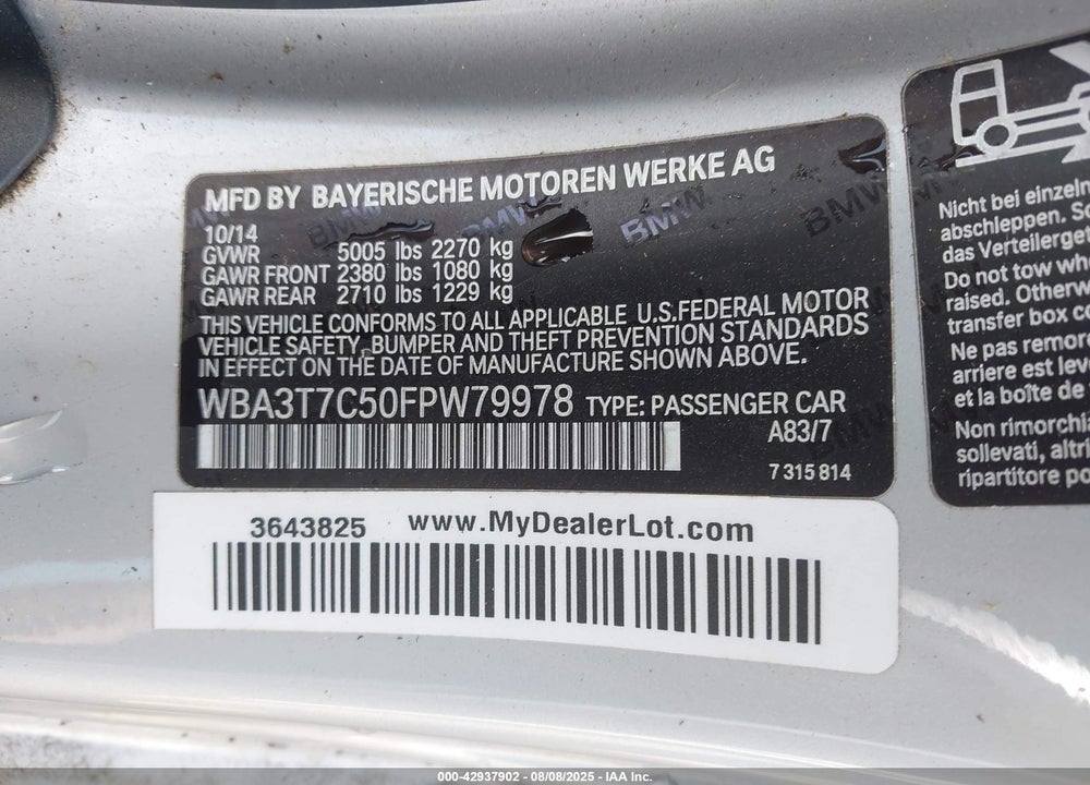 2015 BMW 435I XDRIVE VIN: WBA3T7C50FPW79978