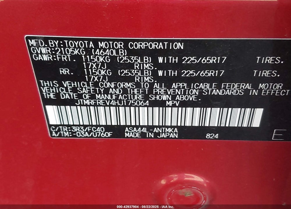 2017 TOYOTA RAV4 XLE VIN: JTMRFREV4HJ175064