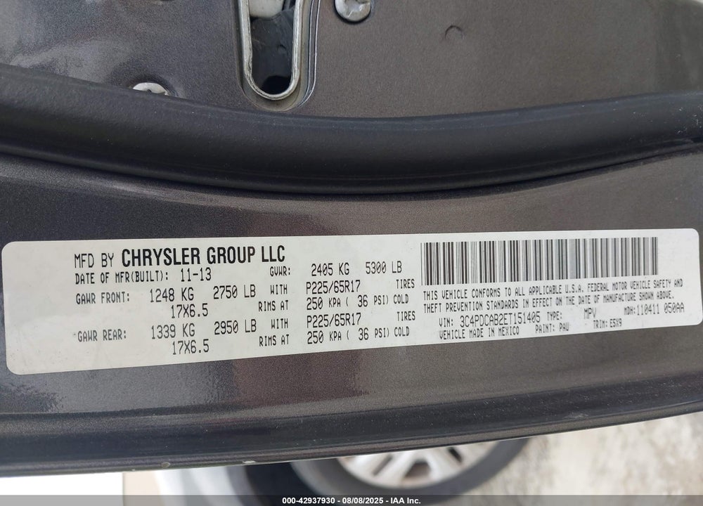 2014 DODGE JOURNEY VIN: 3C4PDCAB2ET151405