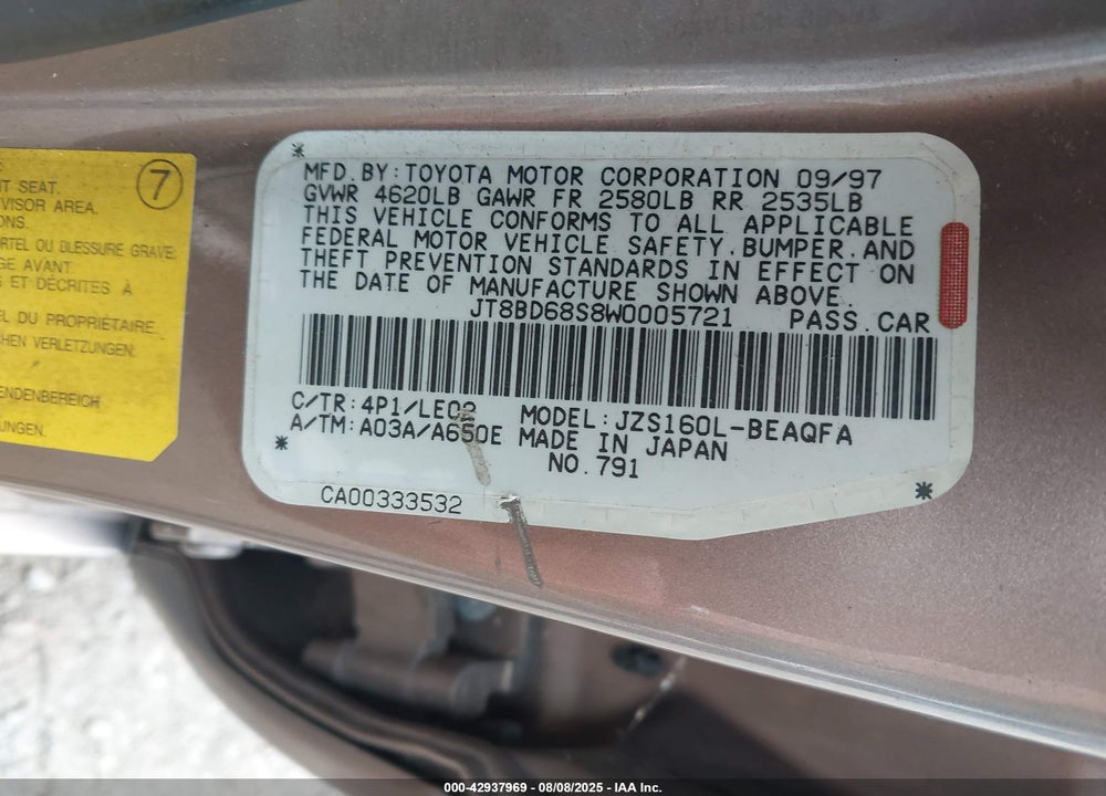 1998 LEXUS GS 300 VIN: JT8BD68S8W0005721