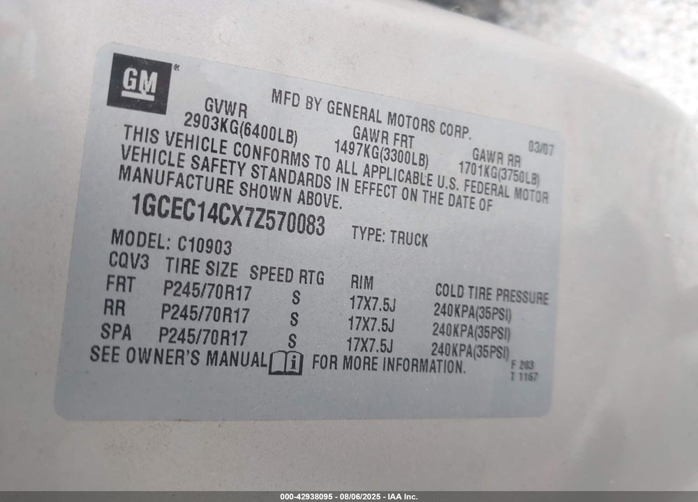 2007 CHEVROLET SILVERADO 1500 VIN: 1GCEC14CX7Z570083