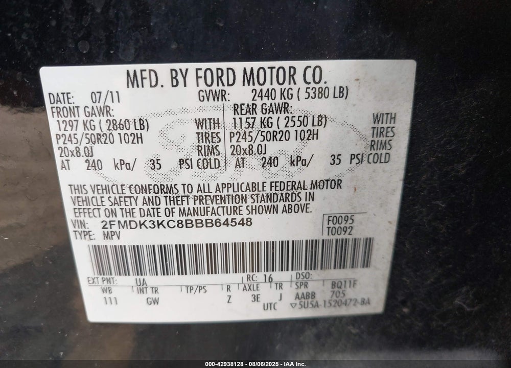 2011 FORD EDGE VIN: 2FMDK3KC8BBB64548