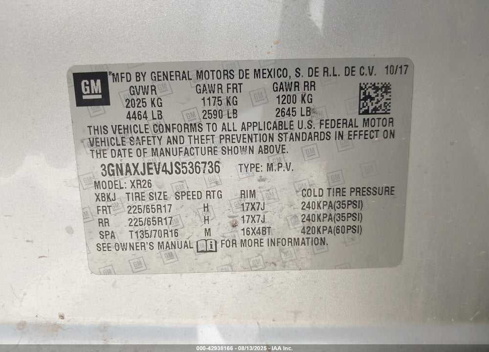 2018 CHEVROLET EQUINOX VIN: 3GNAXJEV4JS536736