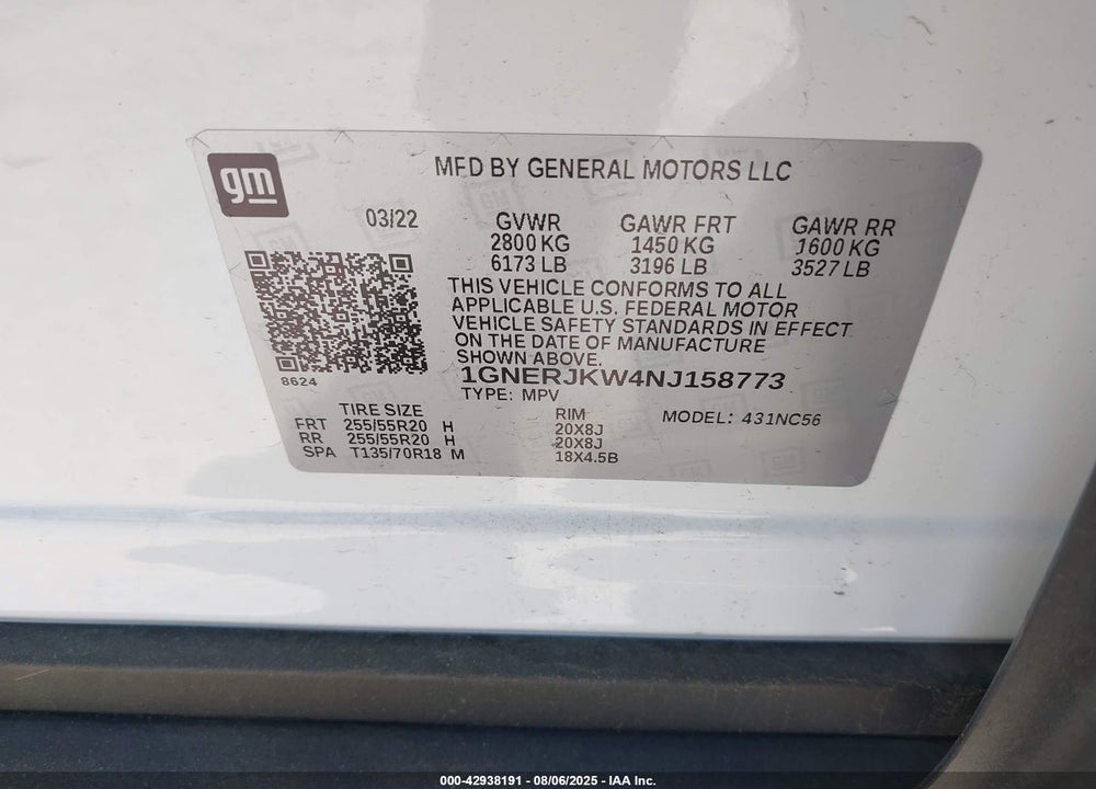 2022 CHEVROLET TRAVERSE VIN: 1GNERJKW4NJ158773