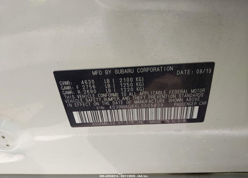 2020 SUBARU LEGACY VIN: 4S3BWAG6XL3005829