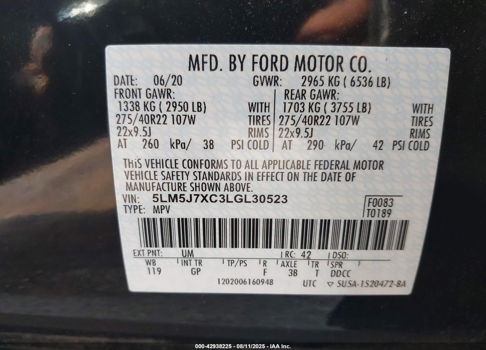 2020 LINCOLN AVIATOR VIN: 5LM5J7XC3LGL30523