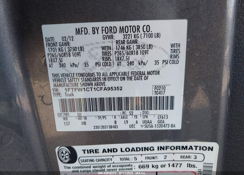 2012 FORD F-150 VIN: 1FTFW1CT1CFA95352