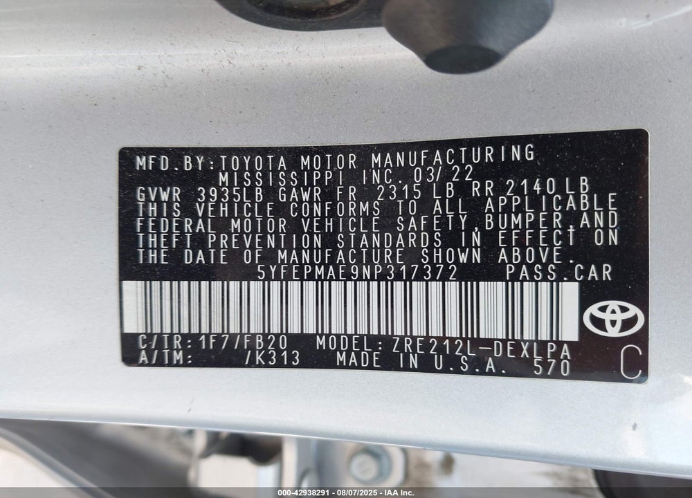 2022 TOYOTA COROLLA VIN: 5YFEPMAE9NP317372